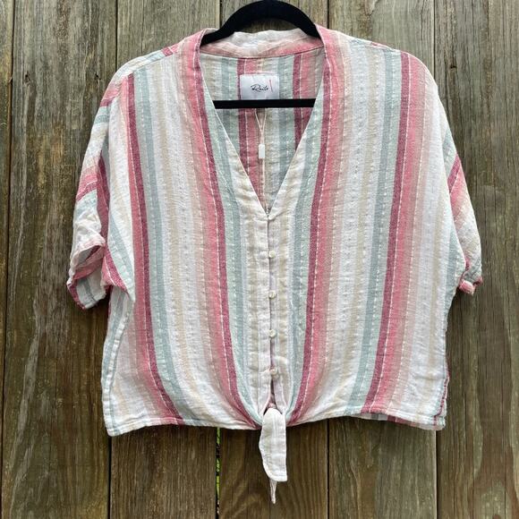Rails Striped Linen Blend Thea Tie and Button Front Cropped Top - NWOT - Picture 1 of 8